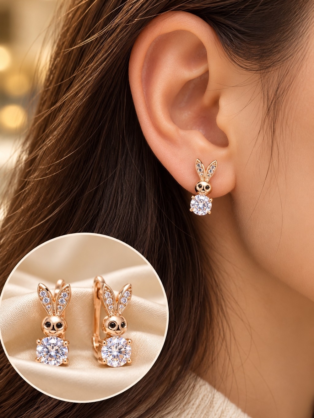 Rose Gold Bunny Drop Earrings with Sparkling Crystal Accent